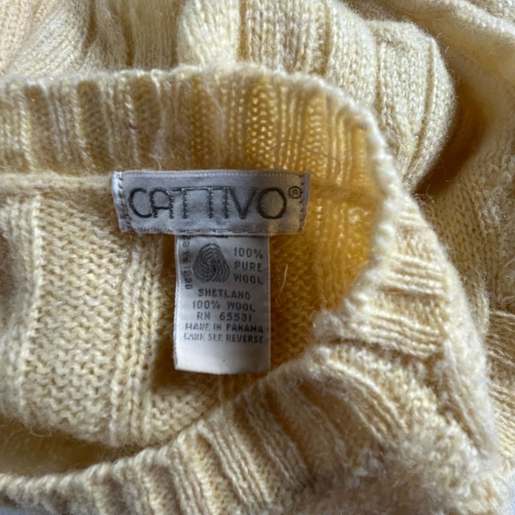Cattivo Womens Shetland Wool Cable Knit Sweater Yellow Crew Neck Pullover Casual — image 3 of 7
